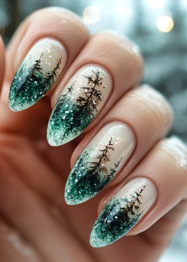 Intricately designed winter forest nail art with evergreen trees and sparkling snow effect.