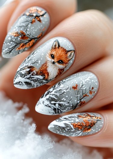 Whimsical winter fox nail art featuring intricate designs, copper leaves, and a snowy landscape.