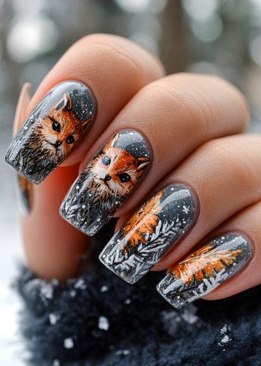 Stunning winter fox nail art featuring orange foxes on gray, snow-themed designs.