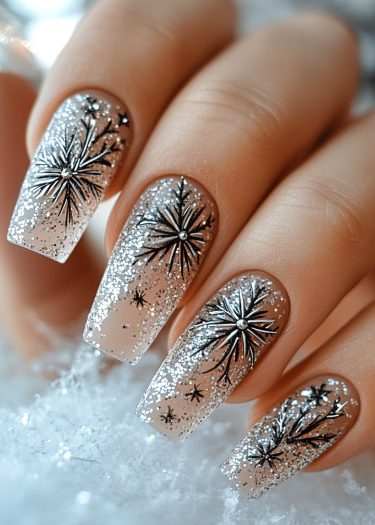 Glamorous winter glitter nail art with silver snowflakes on a sparkling background.