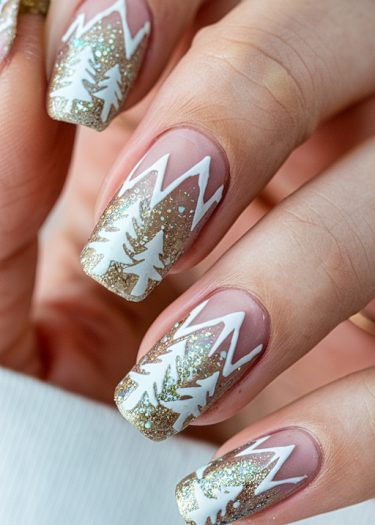 Stunning winter-themed nail art with glitter, snowy patterns, and evergreen tree designs.