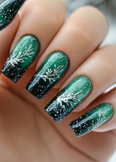 Elegant winter gradient nail art with green ombre and silver frosty designs.