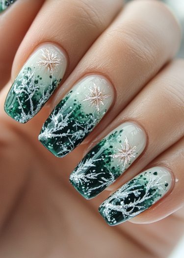 Elegant winter gradient nail art with silver snowflakes and shimmering details for a festive look.