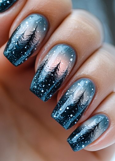 Winter-themed nail art featuring a gradient design with coniferous trees and snowflakes.