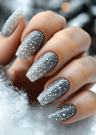 Elegant winter gray ombré nails with snowflake dots create a chic festive look.