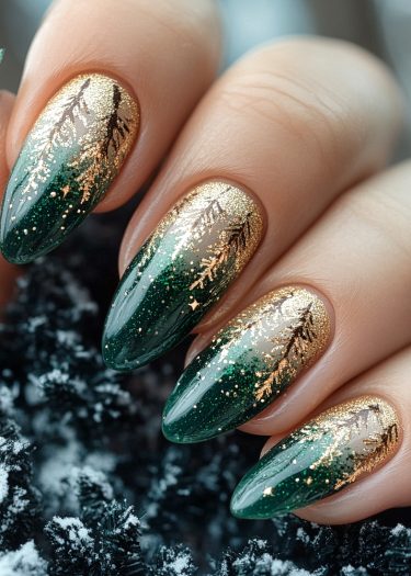 Elegant winter green and gold nail art featuring a gorgeous gradient and intricate designs.