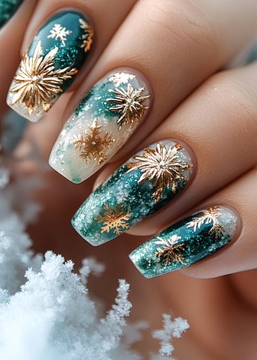 Elegant winter-themed green and gold nail art with snowflake designs on almond-shaped nails.