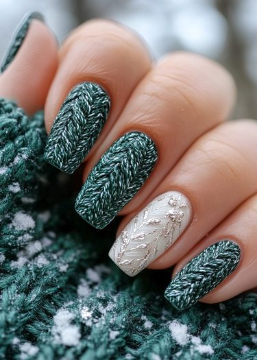 Winter-inspired nail art featuring textured dark green sweater design and elegant white accent.