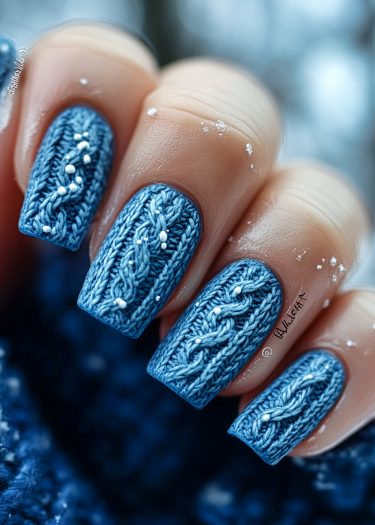 Cozy winter knit nail art design with blue hues, cable patterns, and snow accents.