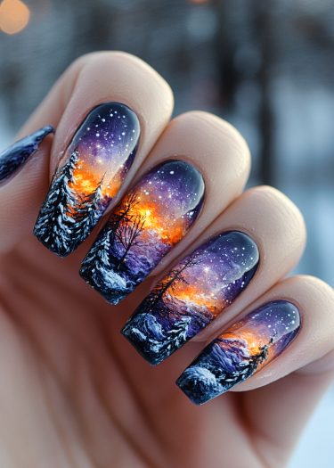 Intricate winter landscape nail art showcasing a serene snowy scene with detailed trees and gradient sky.