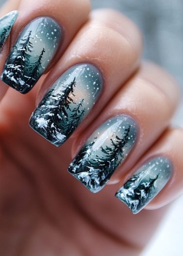 Elegant winter landscape nail art with snow-covered trees and a serene gradient background.