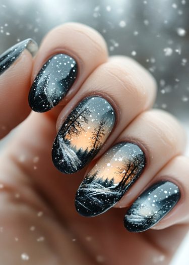 Intricate winter landscape nail art featuring snow, trees, and a glowing sky.