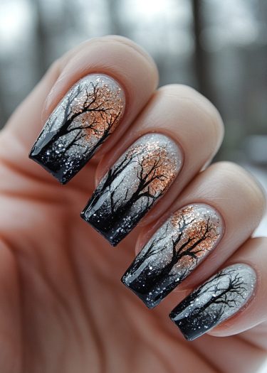 Stunning winter landscape nail art with silhouette trees, glitter, and a gradient twilight background.