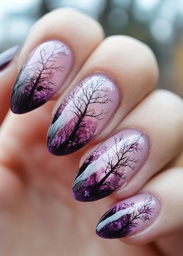 Elegant winter landscape nail art featuring lavender to maroon gradient with detailed tree silhouettes.