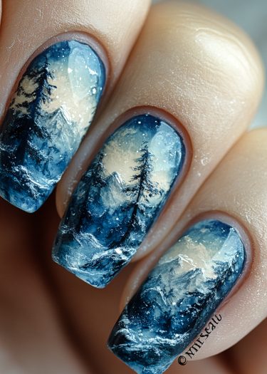 Intricate winter landscape nail art featuring mountains, pine trees, and a snowy twilight sky.