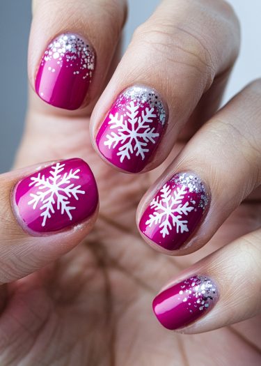 Festive magenta nail art with white snowflakes and silver glitter for a chic winter look.