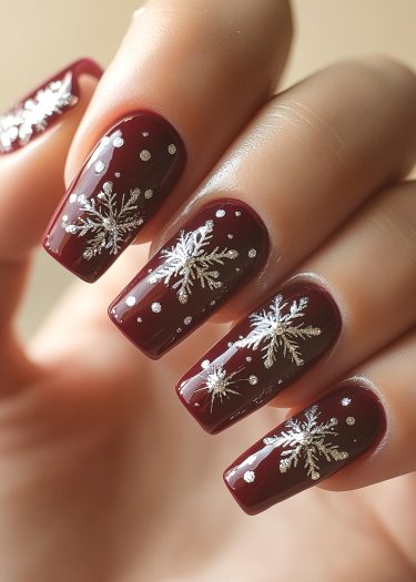 Elegant burgundy winter nail art with silver snowflakes and glossy finish for seasonal charm.