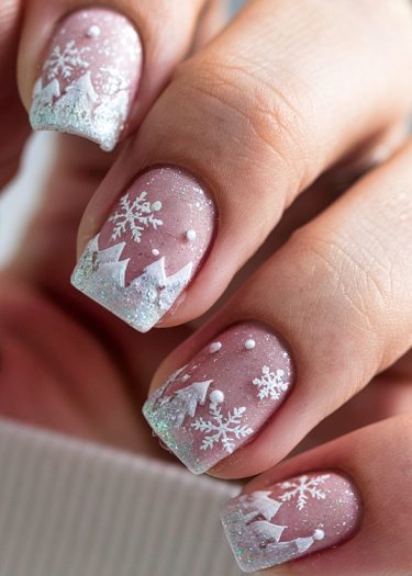 Elegant winter mountain nail art with blush pink base and intricate snowflake designs.