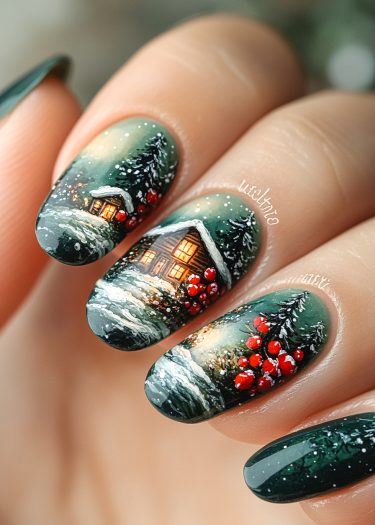 Intricate winter nail art featuring snowy landscapes and a cozy log cabin design.