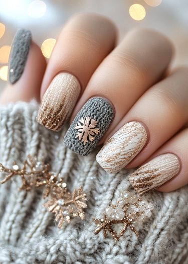 Cozy winter nail art design with knitted patterns and sparkling ombre effects.