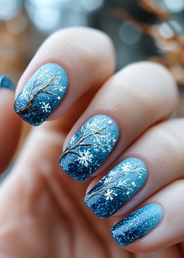 Elegant winter nail art design featuring blue gradients, snowflakes, and shimmering branches.