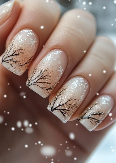 Elegant winter nail art with black tree branches and glitter design for a sophisticated look.