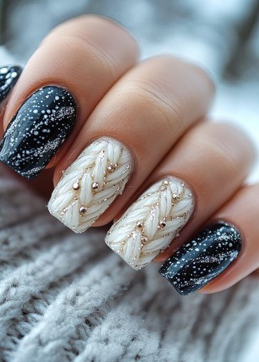 Elegant winter nail art featuring black and off-white braided designs with sparkling accents.