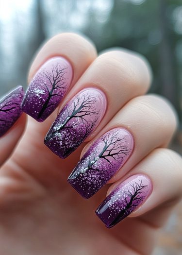 Elegant winter nail art featuring gradient colors and intricate tree designs against a snowy backdrop.