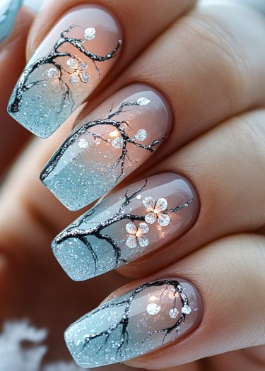 Elegant winter nail art with a gradient design, featuring intricate branches and sparkling flowers.