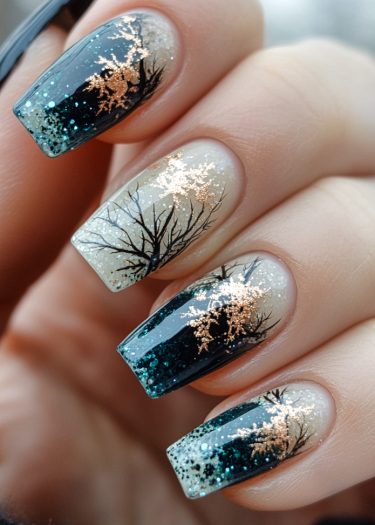 Elegant winter nail art featuring a teal gradient with black branches and gold foil accents.