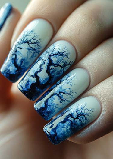 Intricate winter nail art featuring detailed tree branches in blue tones on elongated nails.