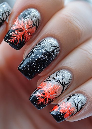 Winter nail art featuring a gradient landscape with trees and vibrant autumn leaves.