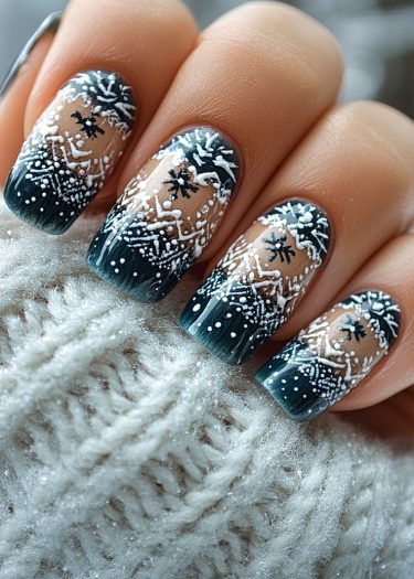 Stunning winter nail art with gradient colors, snowflakes, and cozy knitted texture.