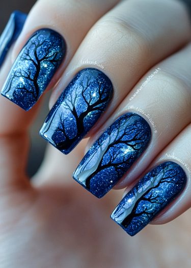 Elegant winter night sky nail art with black trees and shimmering blue galaxy background.