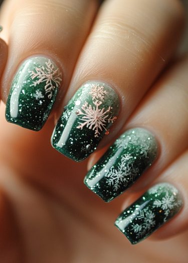 Elegant winter ombre nail art with shimmering green gradient and detailed snowflake designs.