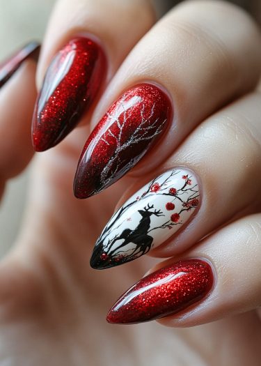 Stunning winter red nail art with glitter, reindeer design, and elegant silver branches.