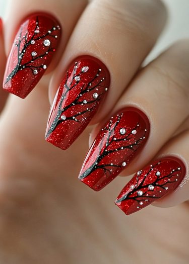 Elegant winter red nail art featuring black branches and sparkling rhinestones on almond-shaped nails.