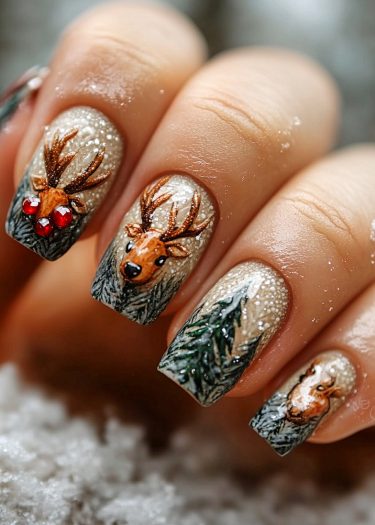 Festive winter reindeer nail art with shimmery textures, deer designs, and holiday charm.