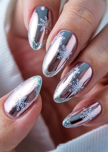 Elegant rose gold winter nails with snowflake designs and glitter tips for a chic look.