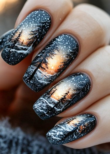 Intricate winter scene nail art featuring snowy forests and vibrant sunsets on dark backgrounds.