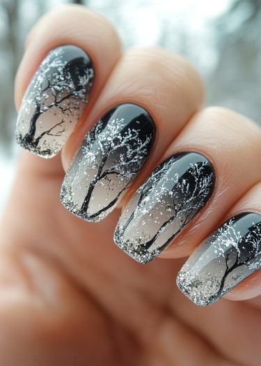 Elegant winter landscape nail art featuring black tree silhouettes and glimmering snow effects.