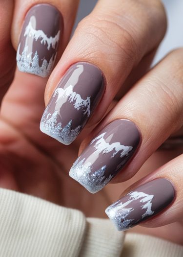 Elegant winter snow nail art in mauve, featuring intricate silver and white designs.