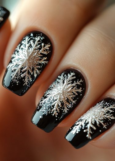 Elegant black and silver winter snowflake nail art perfect for festive occasions.