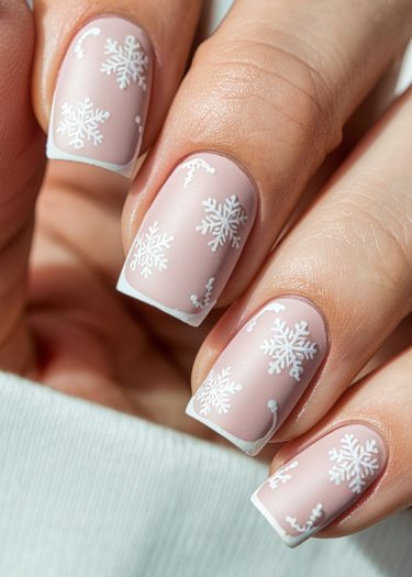 Elegant winter snowflake nail art with matte pink polish and intricate white designs.