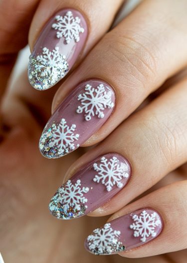 Elegant winter snowflake nail art with mauve base and glitter tips for a festive look.