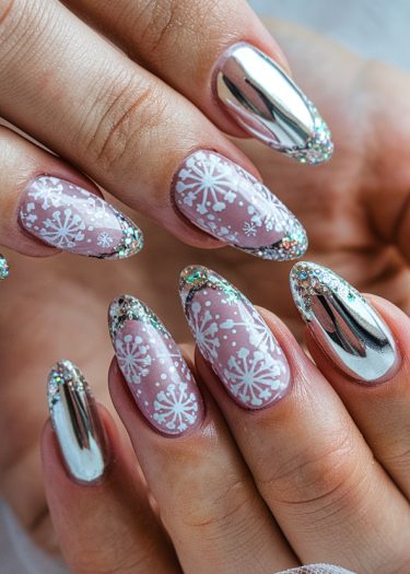 Elegant winter snowflake nail art with chrome finish and glitter for festive occasions.