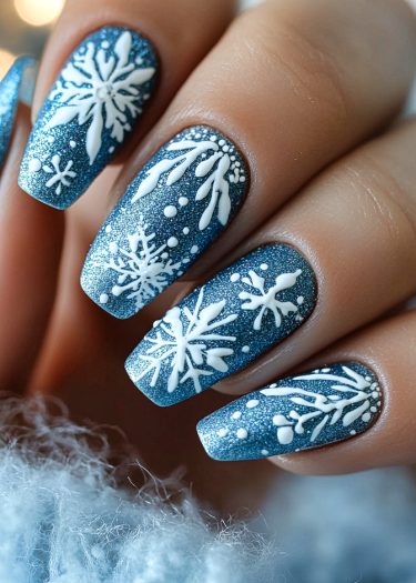 Stunning winter snowflake nail art with metallic blue base and intricate white designs.