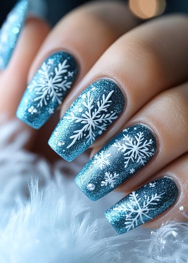 Stunning winter snowflake nail art with shimmering blue base and elegant rhinestone accents.