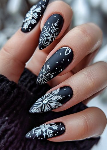 Elegant winter snowflake nail art with matte black polish and intricate white designs.