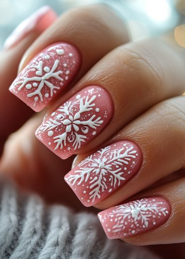 Blush pink winter snowflake nail art design with glossy finish and intricate details.